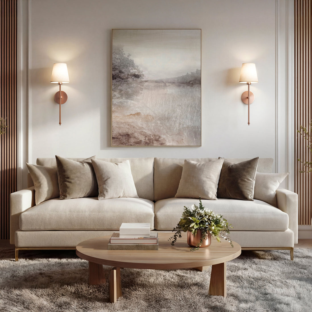 Rose gold sconces in a living room