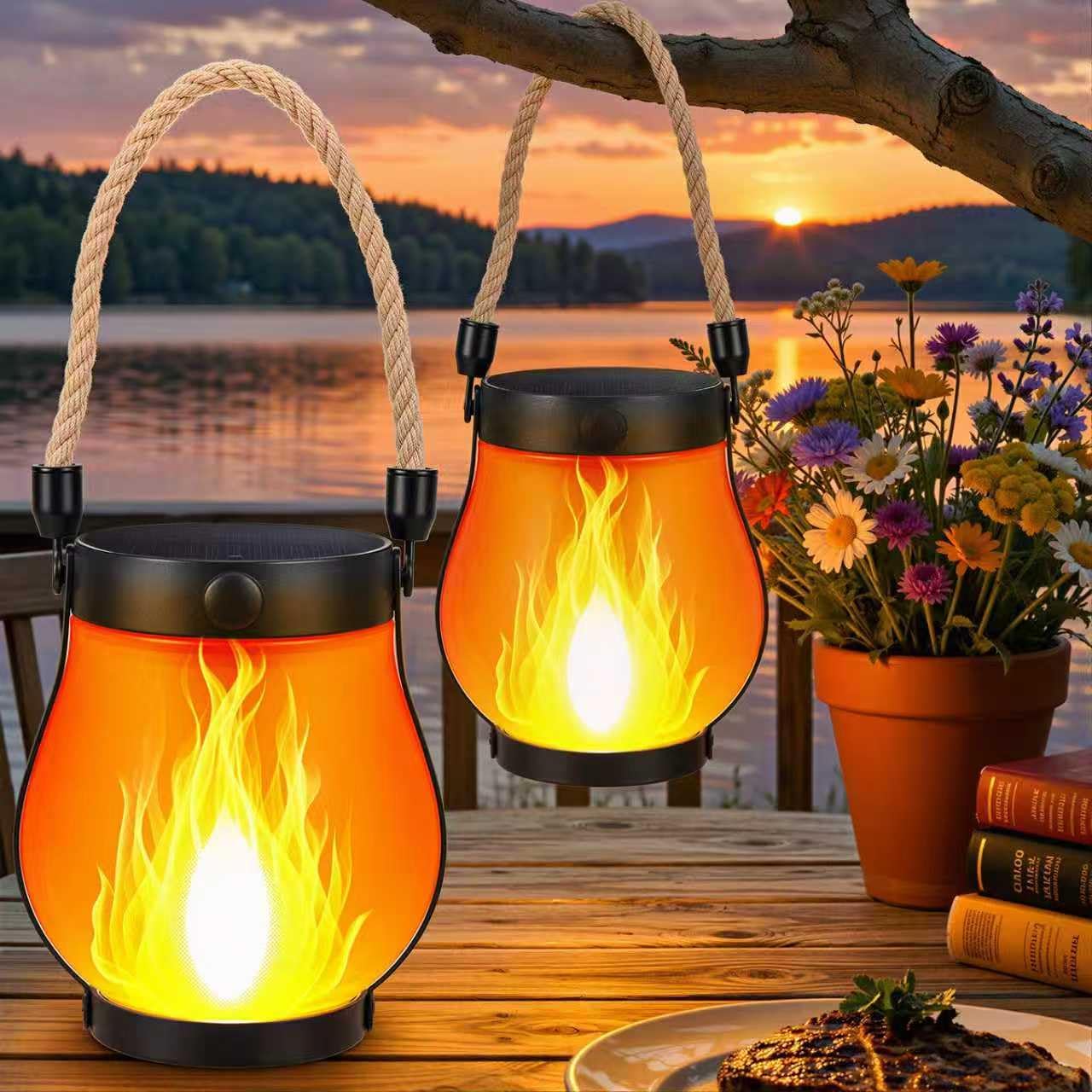 solar flame lantern hanging on tree branch with dancing orange flame effect